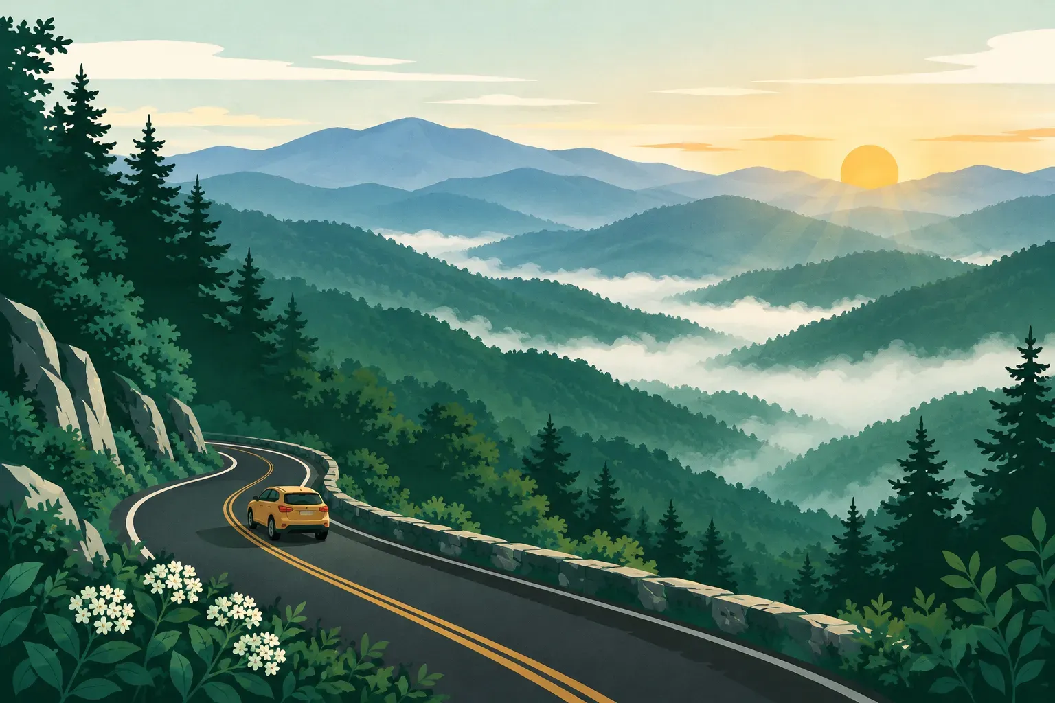 The misty blue ridges of the Great Smoky Mountains at sunrise, in Tennessee